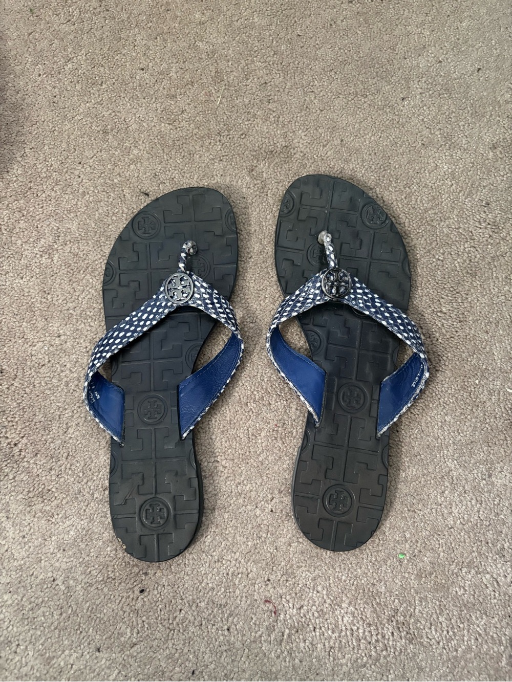 Tory Burch Navy and Black Woven Logo Thong Sandals